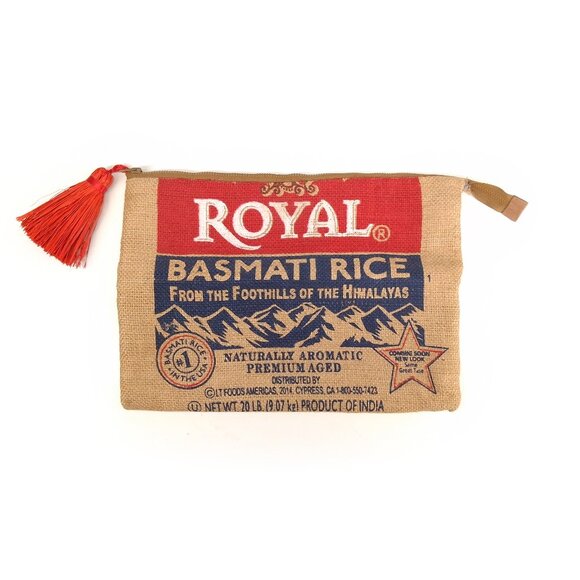 Upcycled Burlap Rice Sack Fold over Clutch Zipper Pouch Tassel Lined Hand Made - Picture 2 of 10